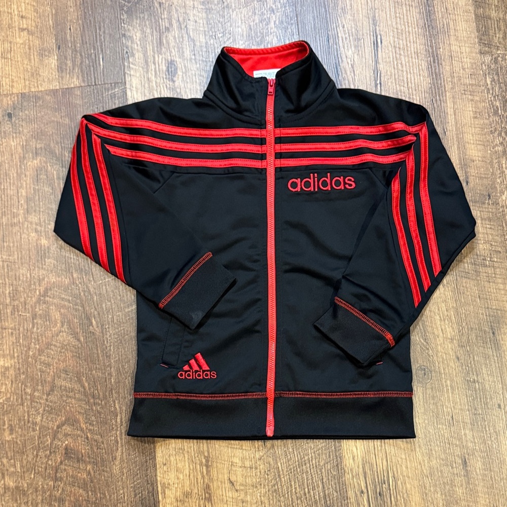 Adidas Boys Track Jacket Black Red 3-Stripe Full Zip Tricot Size‎ 5